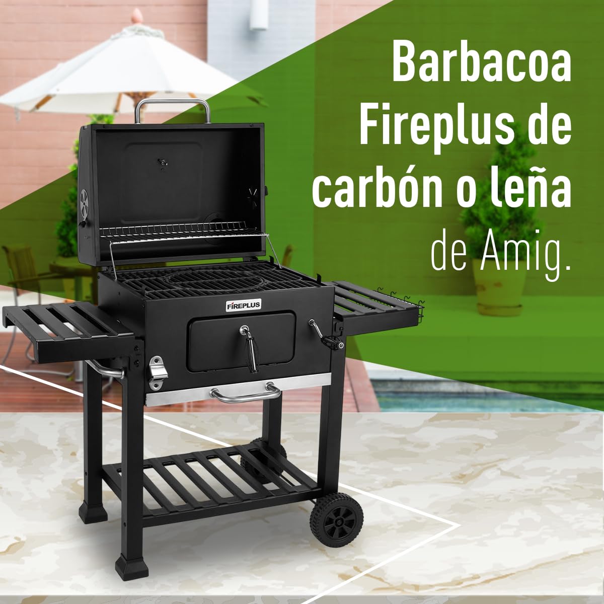 Amig Barbacoa Carbón Portátil con Ruedas, Bandejas, Ventilación, Depósito Ceniza - 57x42cm (116.5x56cm)