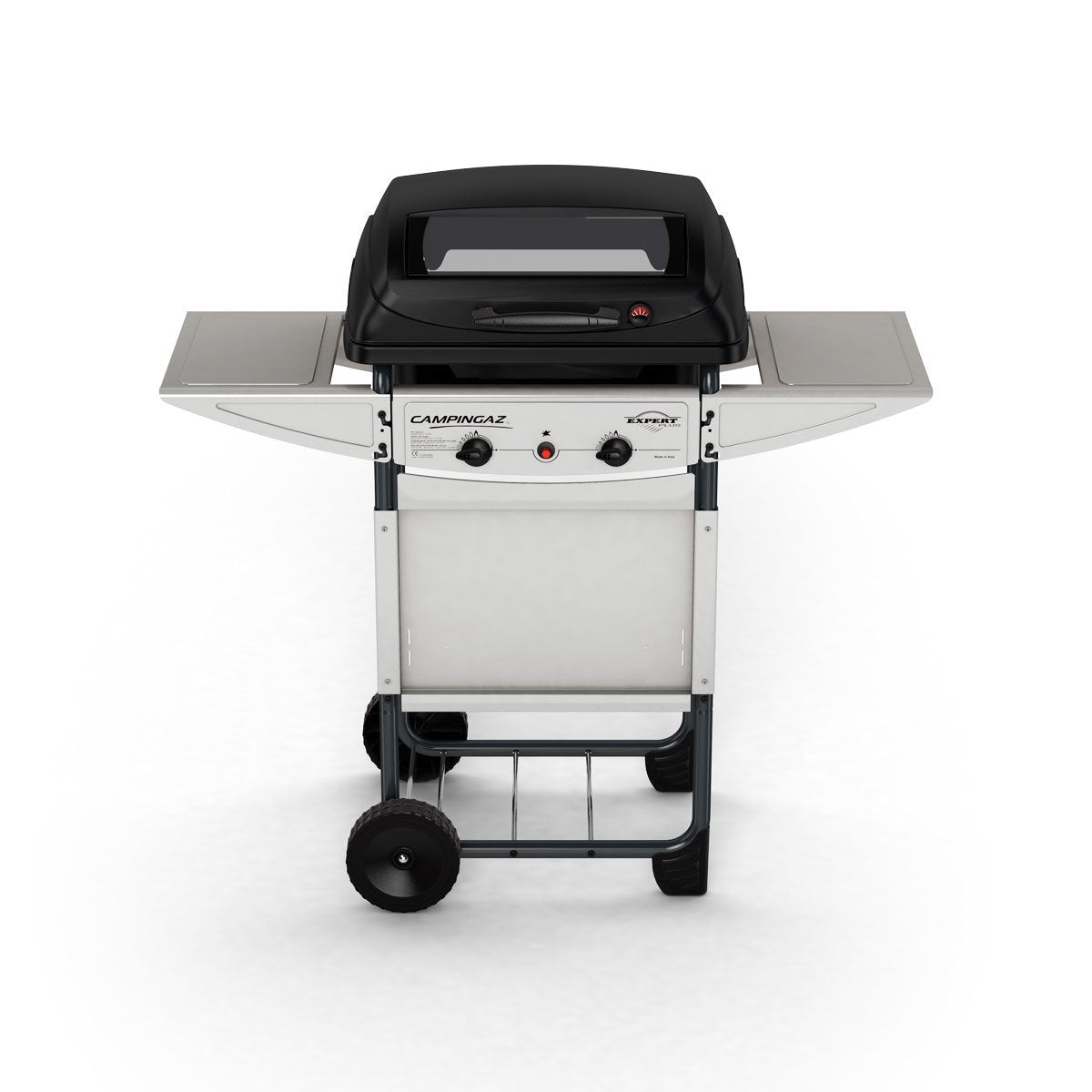 Campingaz Expert Plus BBQ Gas Piedra Volcánica 7kW, 2 Quemadores, Parrilla Acero, Mesas - Negro/Gris