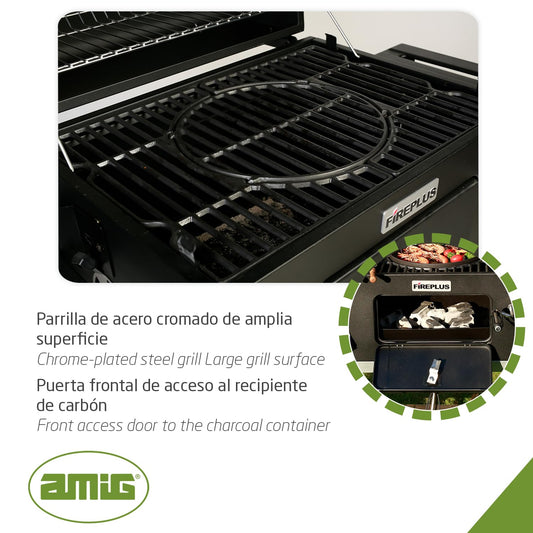 Amig Barbacoa Carbón Portátil con Ruedas, Bandejas, Ventilación, Depósito Ceniza - 57x42cm (116.5x56cm)