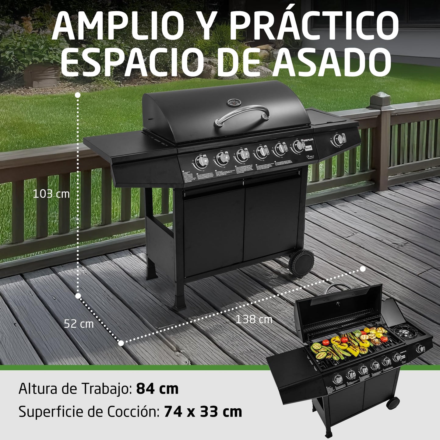 Amig Barbacoa Gas Fireplus 6+1 12.9kW - Acero Inox Negro, 7 Quemadores, Ruedas, Termómetro, XXL (138x52x103cm)