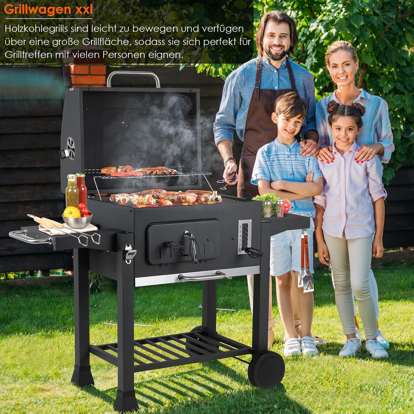 TLSUNNY Barbacoa Carbón XXL 130x137cm, Parrilla Ruedas, Tapa, Gran Capacidad - Jardín/Exterior Negro
