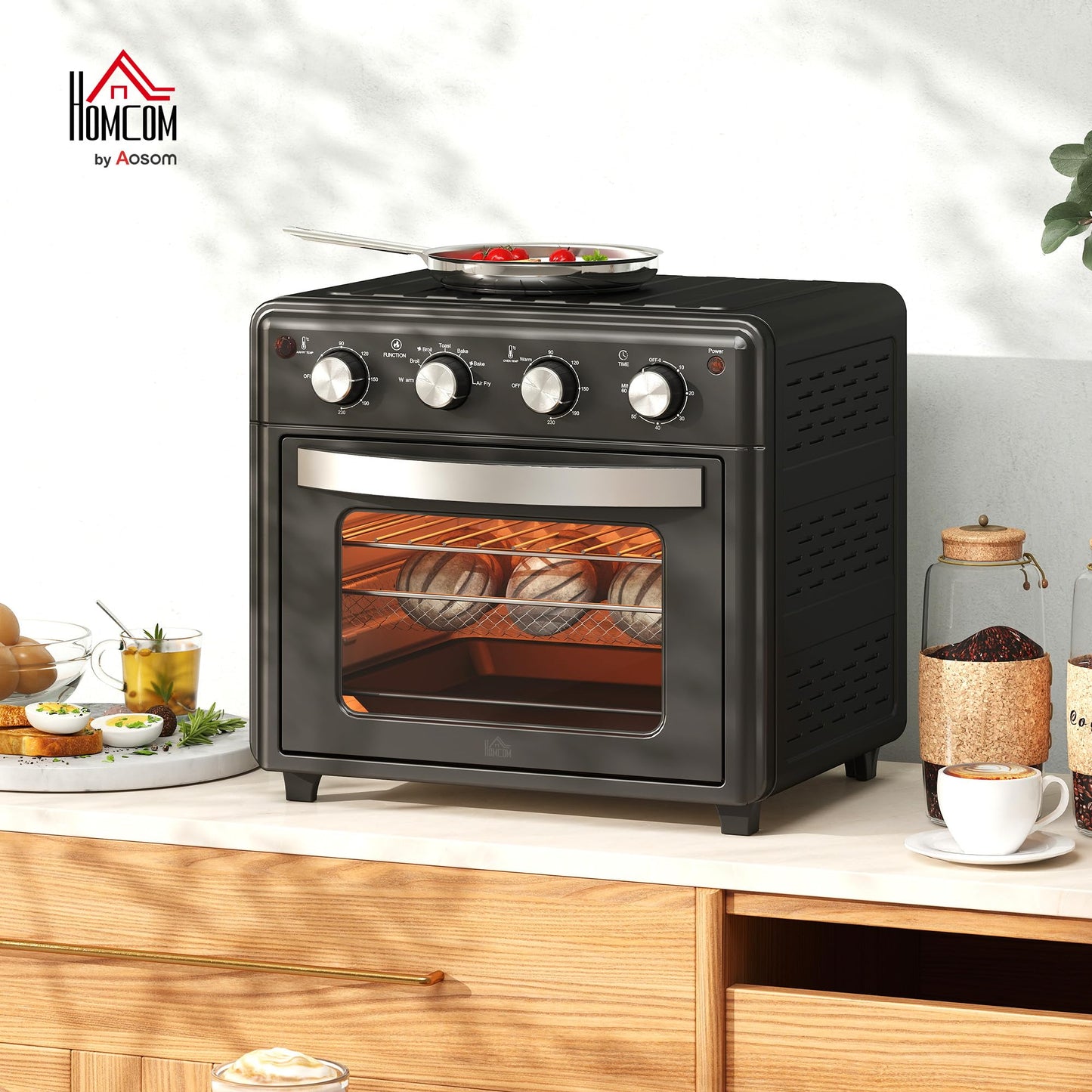 HOMCOM Horno Sobremesa 30L, 1600W, Freidora de Aire, 7 Modos, Temporizador, Negro