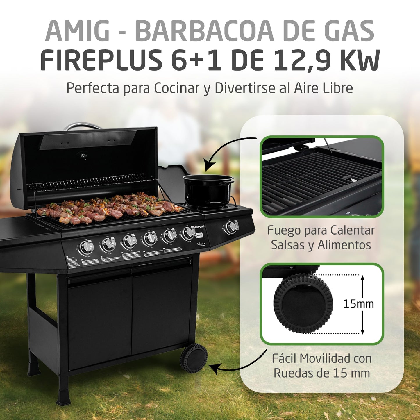 Amig Barbacoa Gas Fireplus 6+1 12.9kW - Acero Inox Negro, 7 Quemadores, Ruedas, Termómetro, XXL (138x52x103cm)