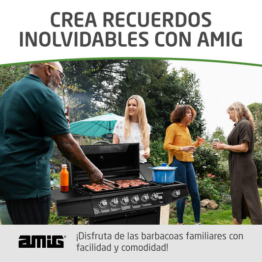 Amig Barbacoa Gas Fireplus 6+1 12.9kW - Acero Inox Negro, 7 Quemadores, Ruedas, Termómetro, XXL (138x52x103cm)