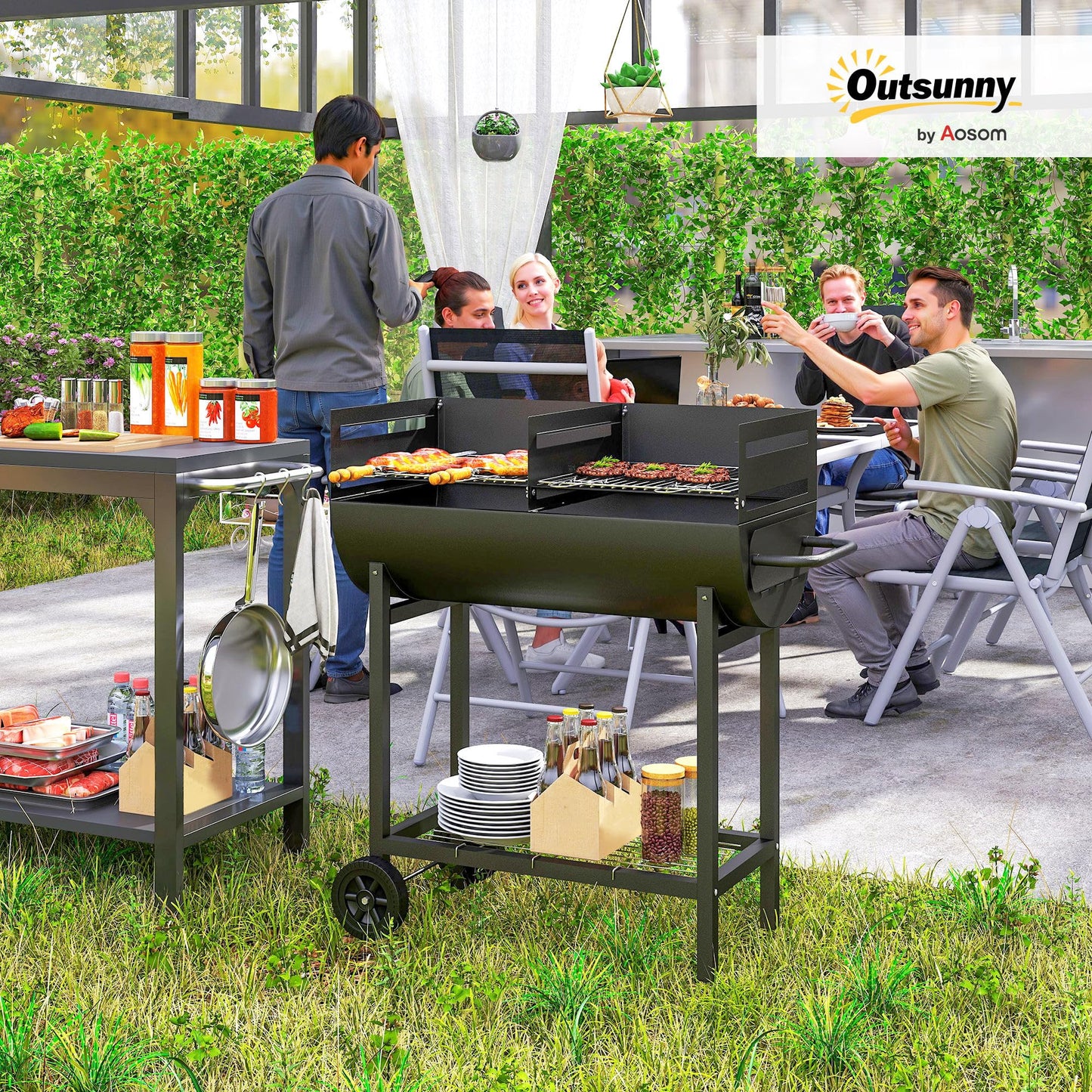 Outsunny Barbacoa Carbón Portátil 90x45cm, Parrilla Ajustable, Estante, Ruedas - Exterior Negro
