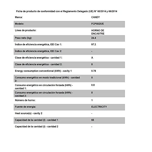 Candy FCP502X - Horno Multifunción 65L - Cristal, Acero Inodidable, Clase A