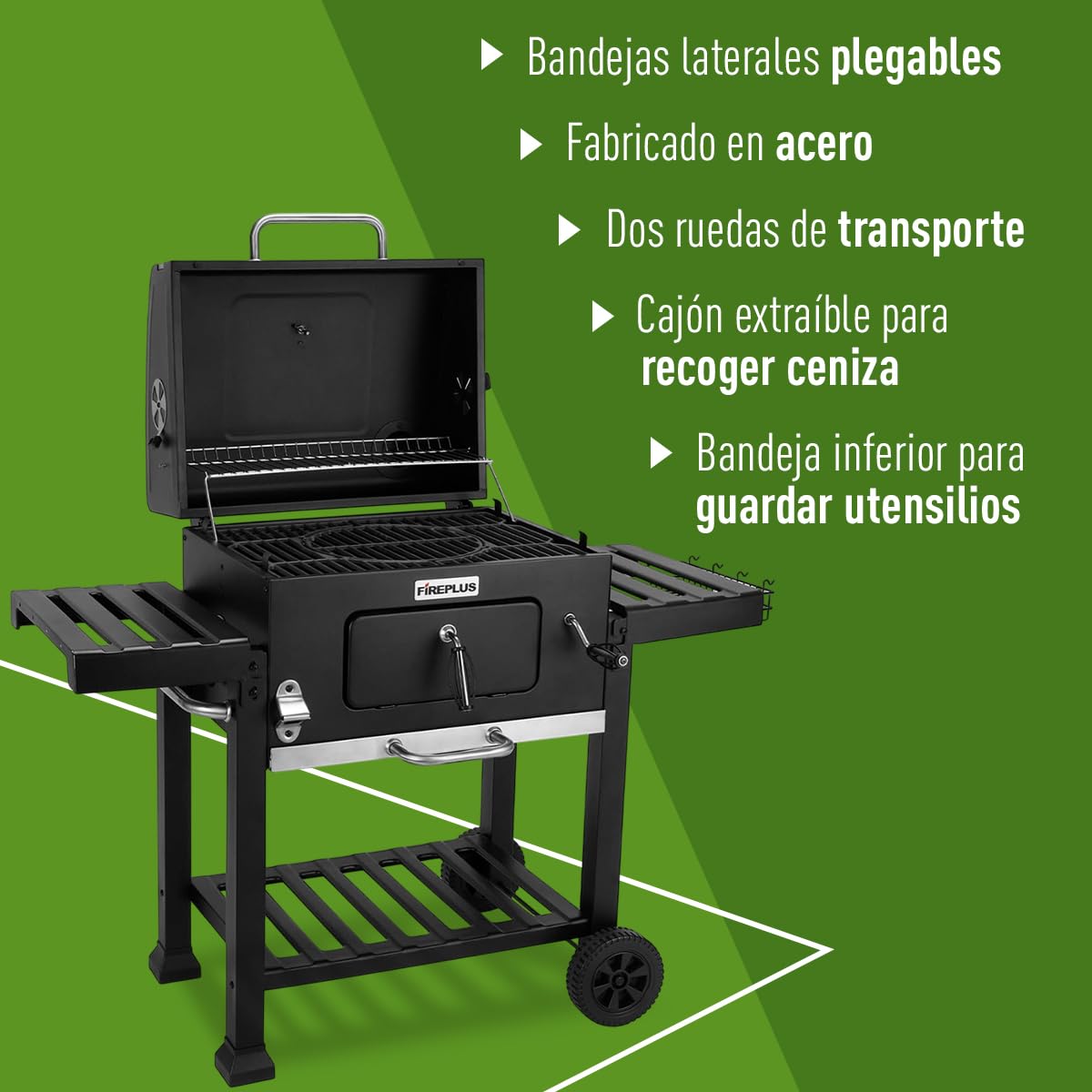 Amig Barbacoa Carbón Portátil con Ruedas, Bandejas, Ventilación, Depósito Ceniza - 57x42cm (116.5x56cm)