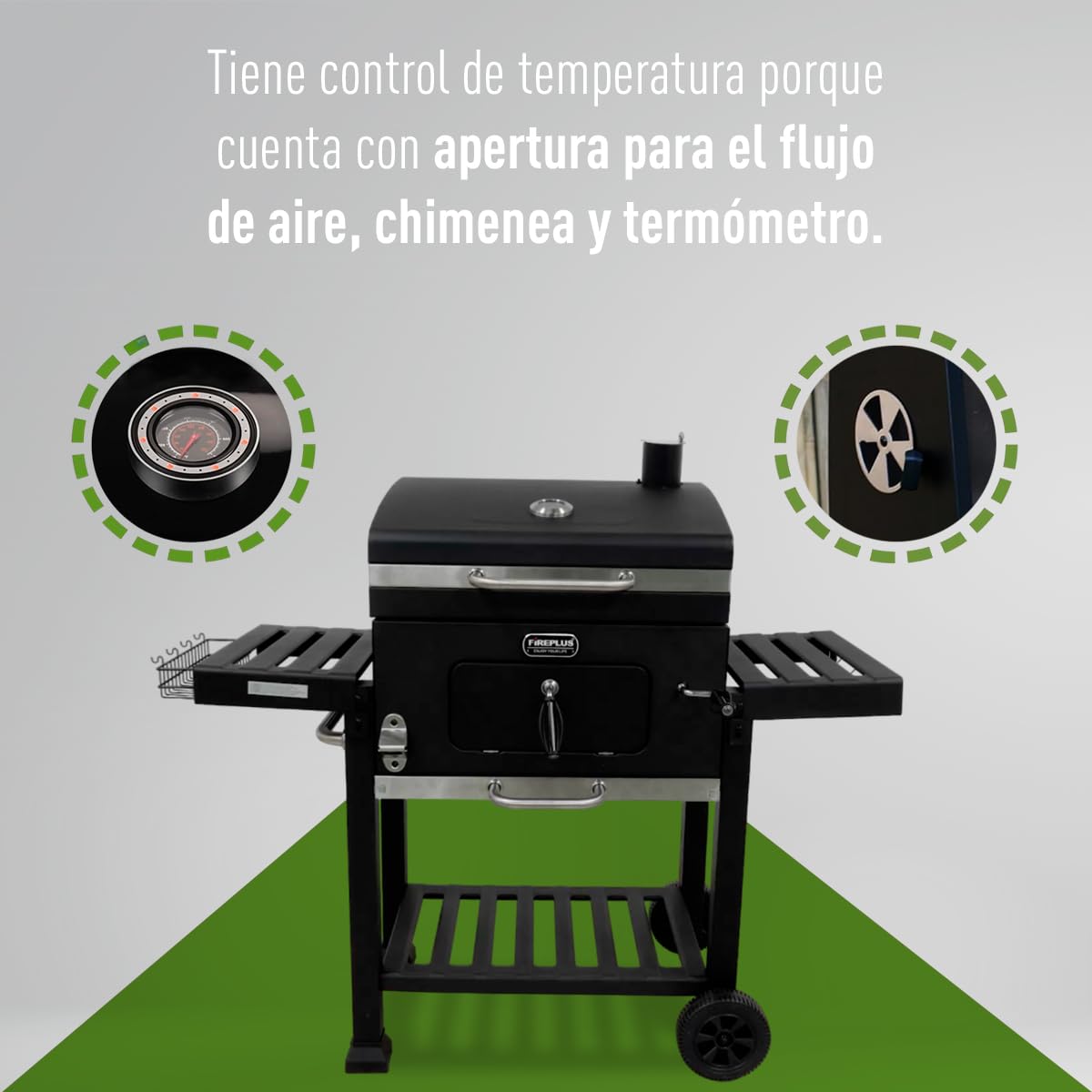 Amig Barbacoa Carbón Portátil con Ruedas, Bandejas, Ventilación, Depósito Ceniza - 57x42cm (116.5x56cm)