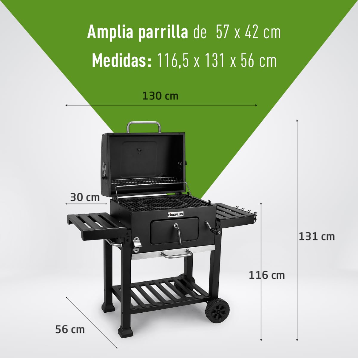 Amig Barbacoa Carbón Portátil con Ruedas, Bandejas, Ventilación, Depósito Ceniza - 57x42cm (116.5x56cm)