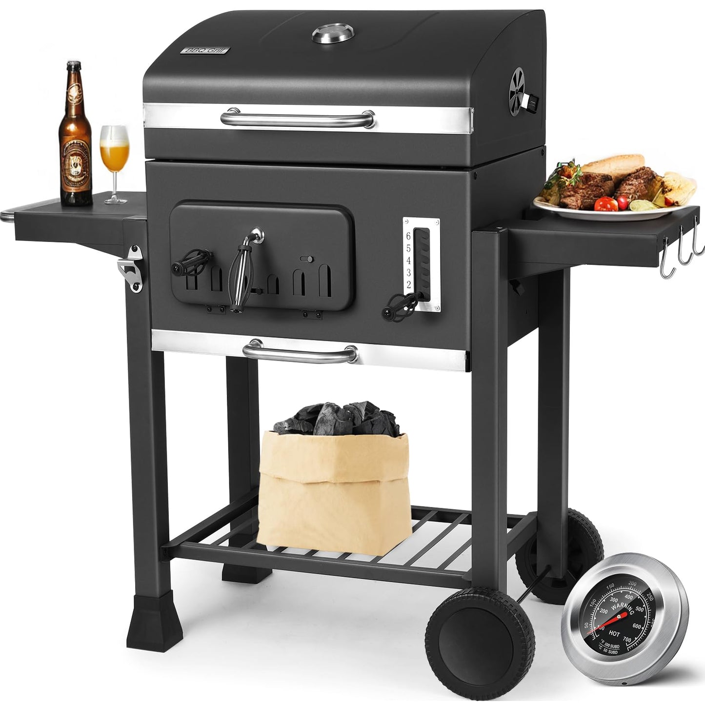 TLSUNNY Barbacoa Carbón XXL 130x137cm, Parrilla Ruedas, Tapa, Gran Capacidad - Jardín/Exterior Negro