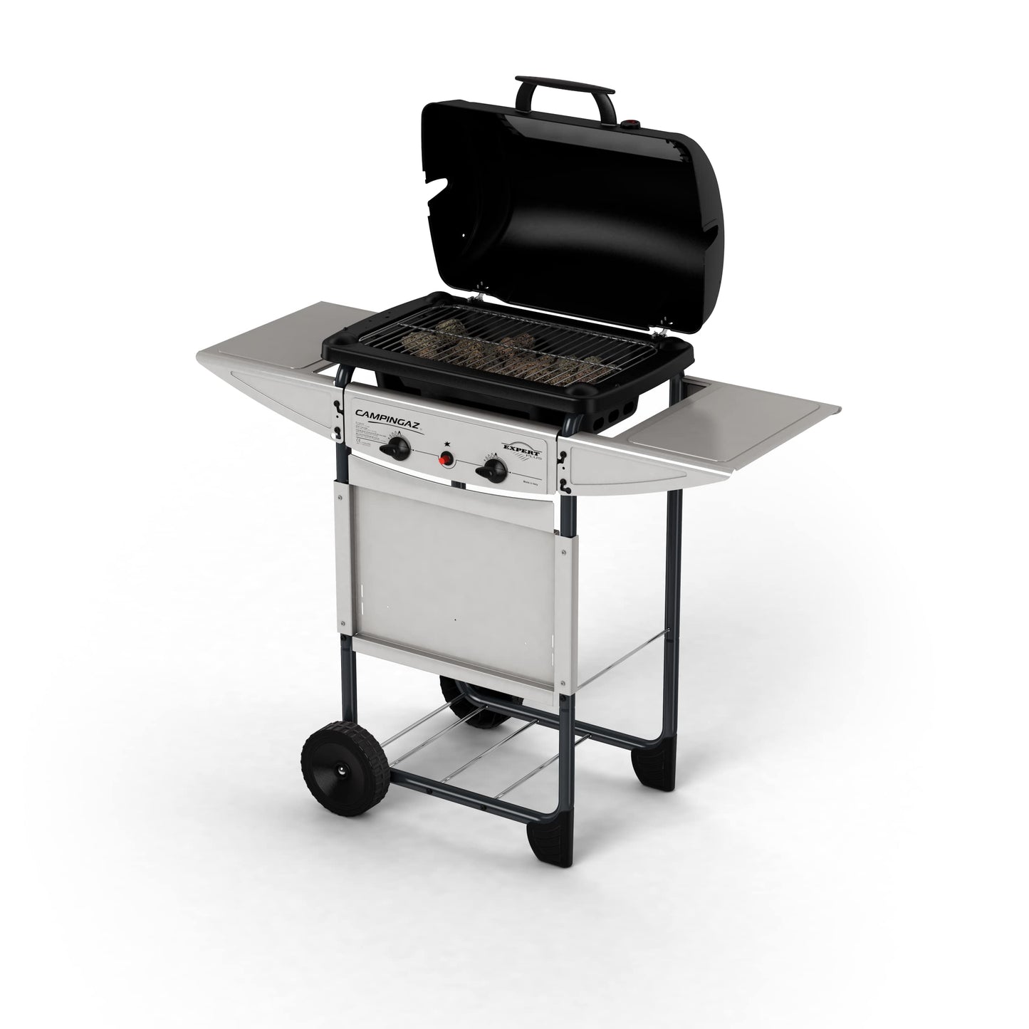 Campingaz Expert Plus BBQ Gas Piedra Volcánica 7kW, 2 Quemadores, Parrilla Acero, Mesas - Negro/Gris
