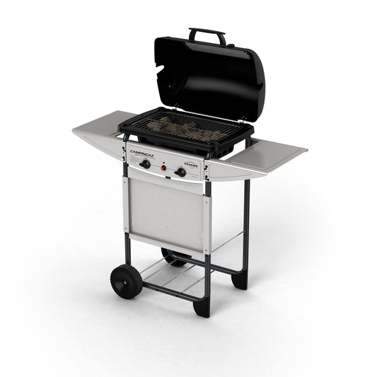 Campingaz Expert Plus BBQ Gas Piedra Volcánica 7kW, 2 Quemadores, Parrilla Acero, Mesas - Negro/Gris