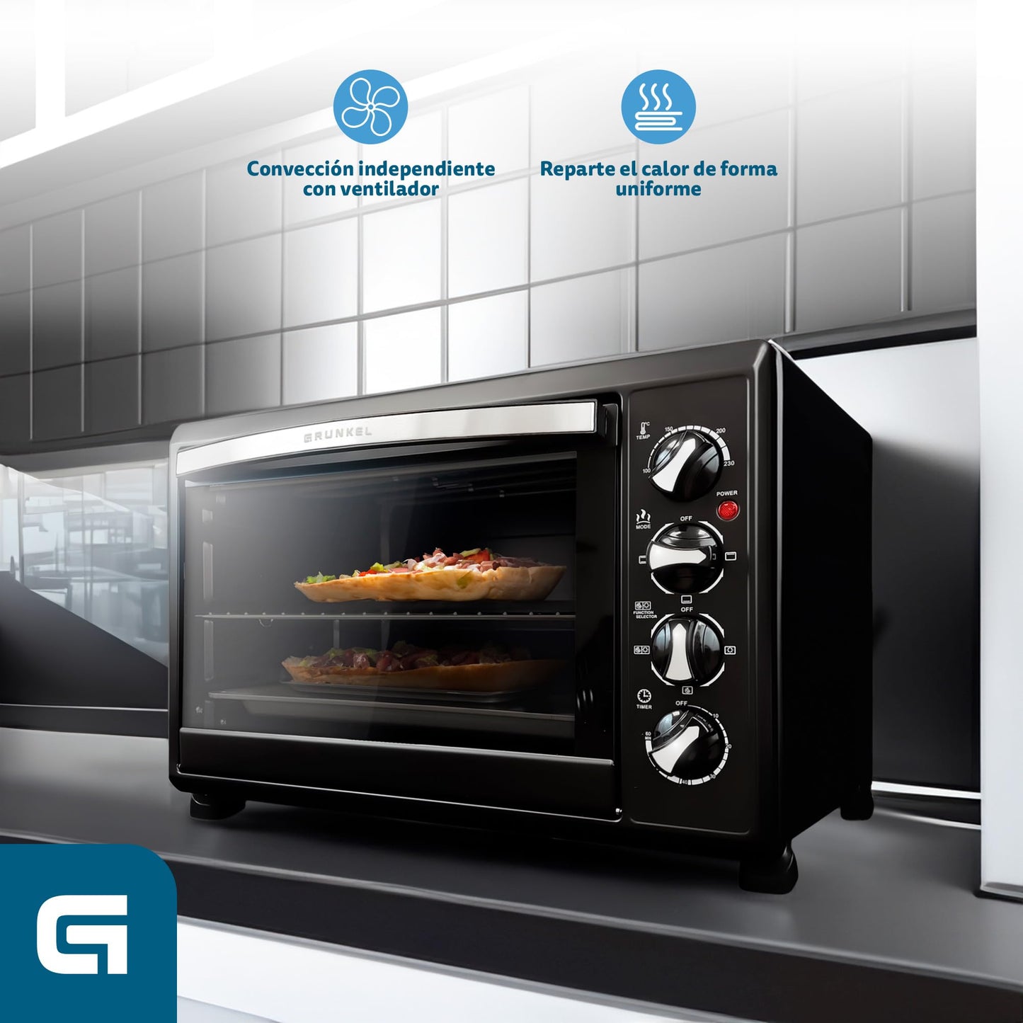 Grunkel HR-48RMRUSTI Horno Sobremesa 48L, Rustidor, 3 Modos Calor, 230ºC, Negro