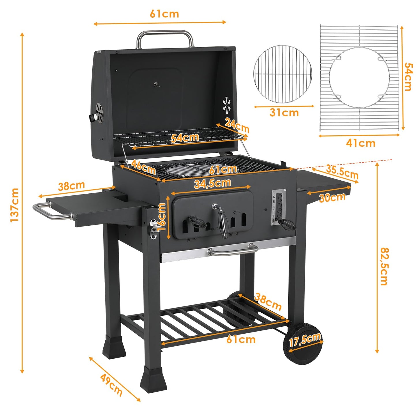 TLSUNNY Barbacoa Carbón XXL 130x137cm, Parrilla Ruedas, Tapa, Gran Capacidad - Jardín/Exterior Negro