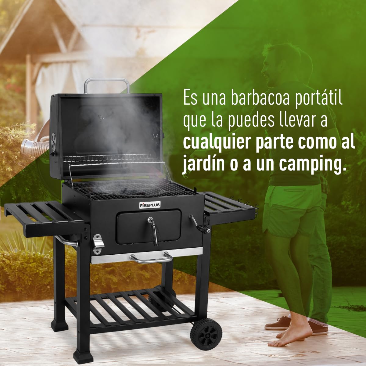 Amig Barbacoa Carbón Portátil con Ruedas, Bandejas, Ventilación, Depósito Ceniza - 57x42cm (116.5x56cm)