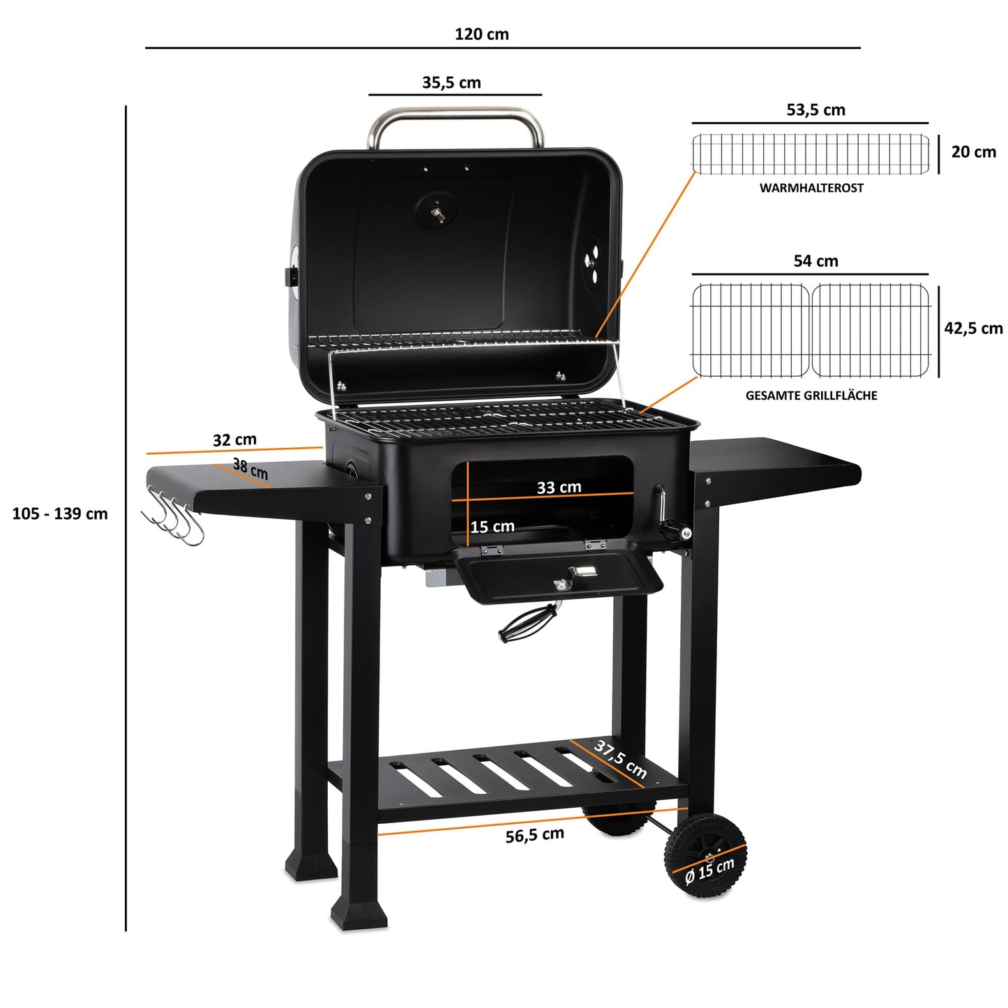 BBQ-Toro Carro Barbacoa Carbón XXL con Tapa, Termómetro, Bandeja Regulable, Ahumador - Gran Capacidad