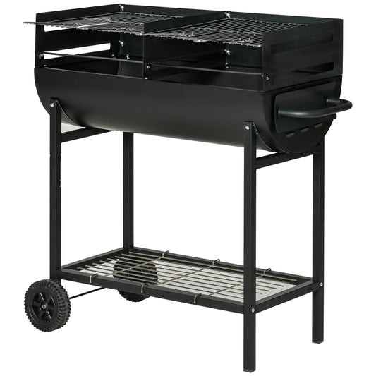 Outsunny Barbacoa Carbón Portátil 90x45cm, Parrilla Ajustable, Estante, Ruedas - Exterior Negro