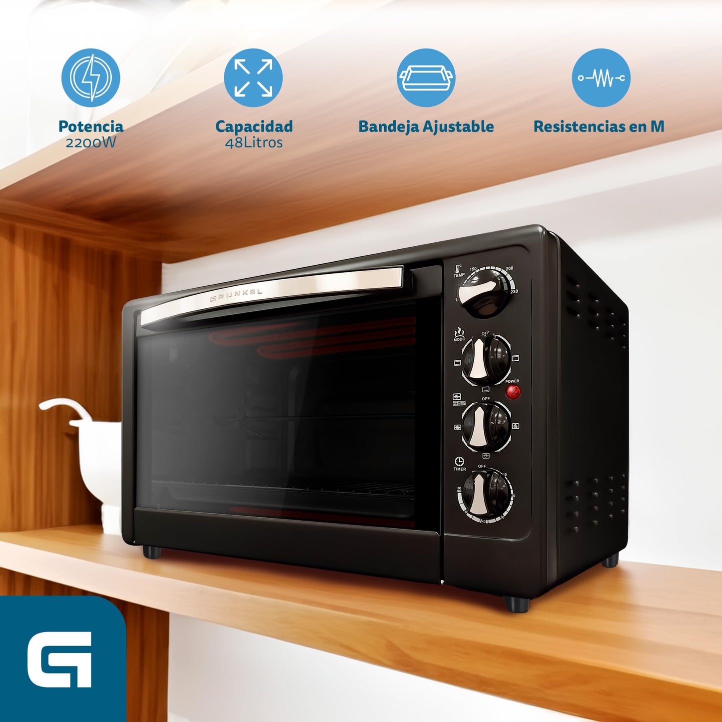 Grunkel HR-48RMRUSTI Horno Sobremesa 48L, Rustidor, 3 Modos Calor, 230ºC, Negro