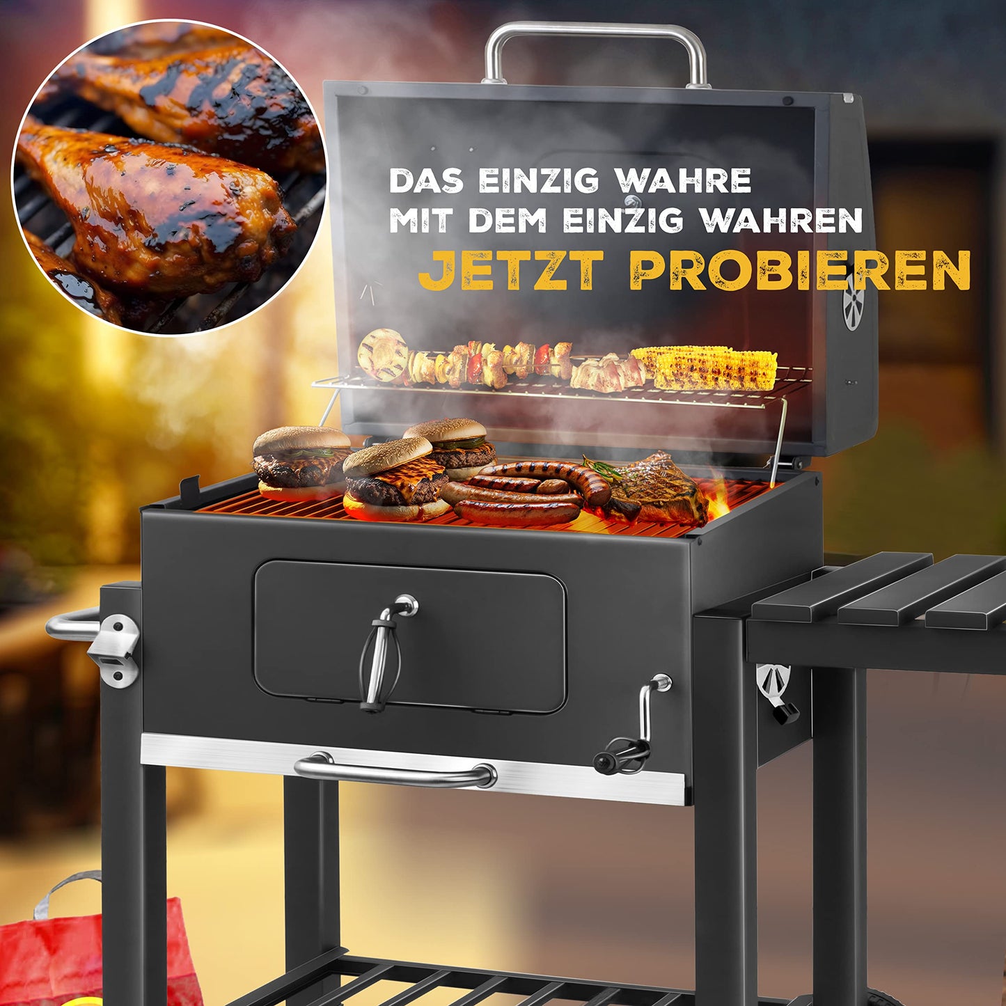 KESSER® Parrilla Carbón con Carrito, Tapa, Ruedas, Mango Acero Inox, Termómetro - BBQ Grande Jardín/Camping