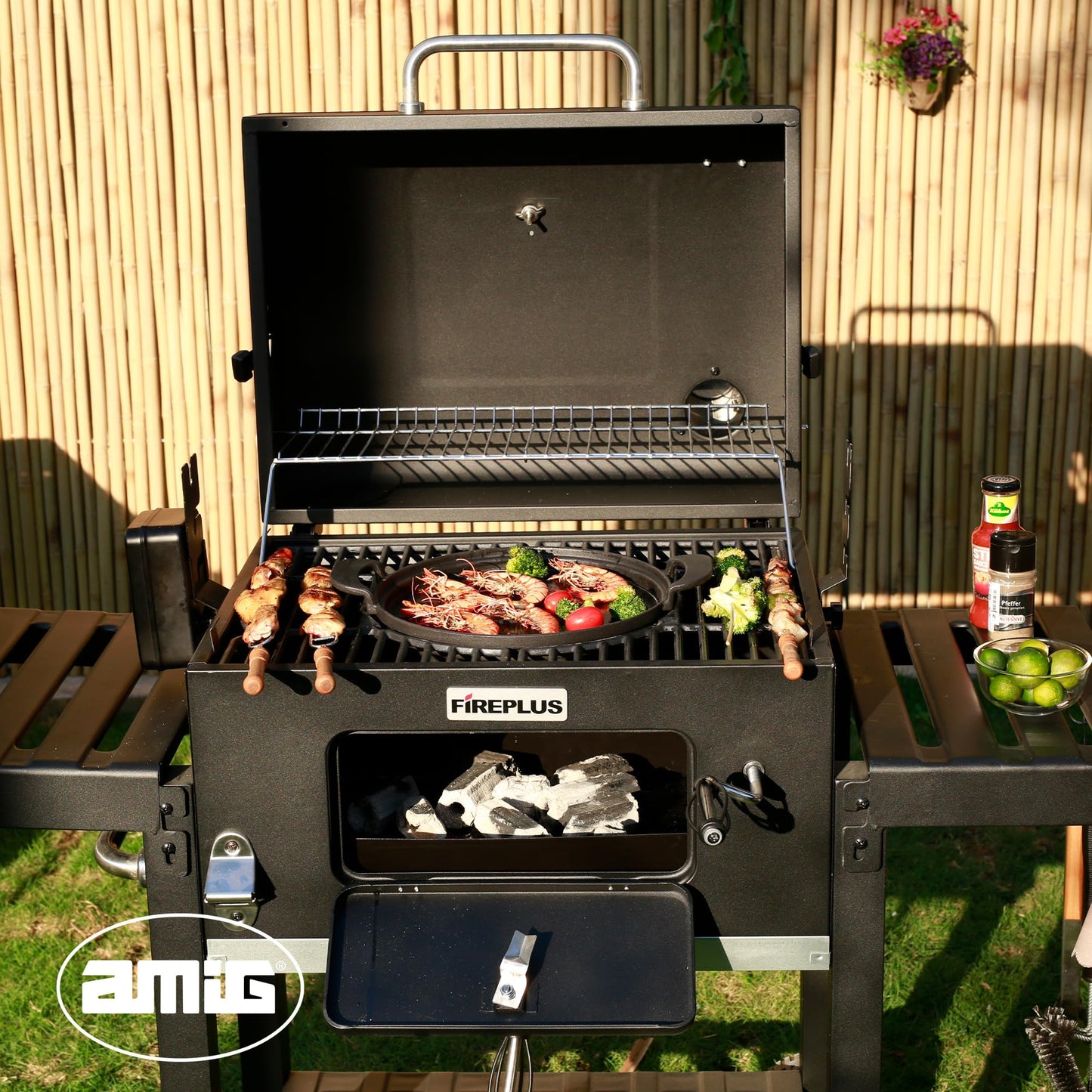 Amig Barbacoa Carbón Portátil con Ruedas, Bandejas, Ventilación, Depósito Ceniza - 57x42cm (116.5x56cm)