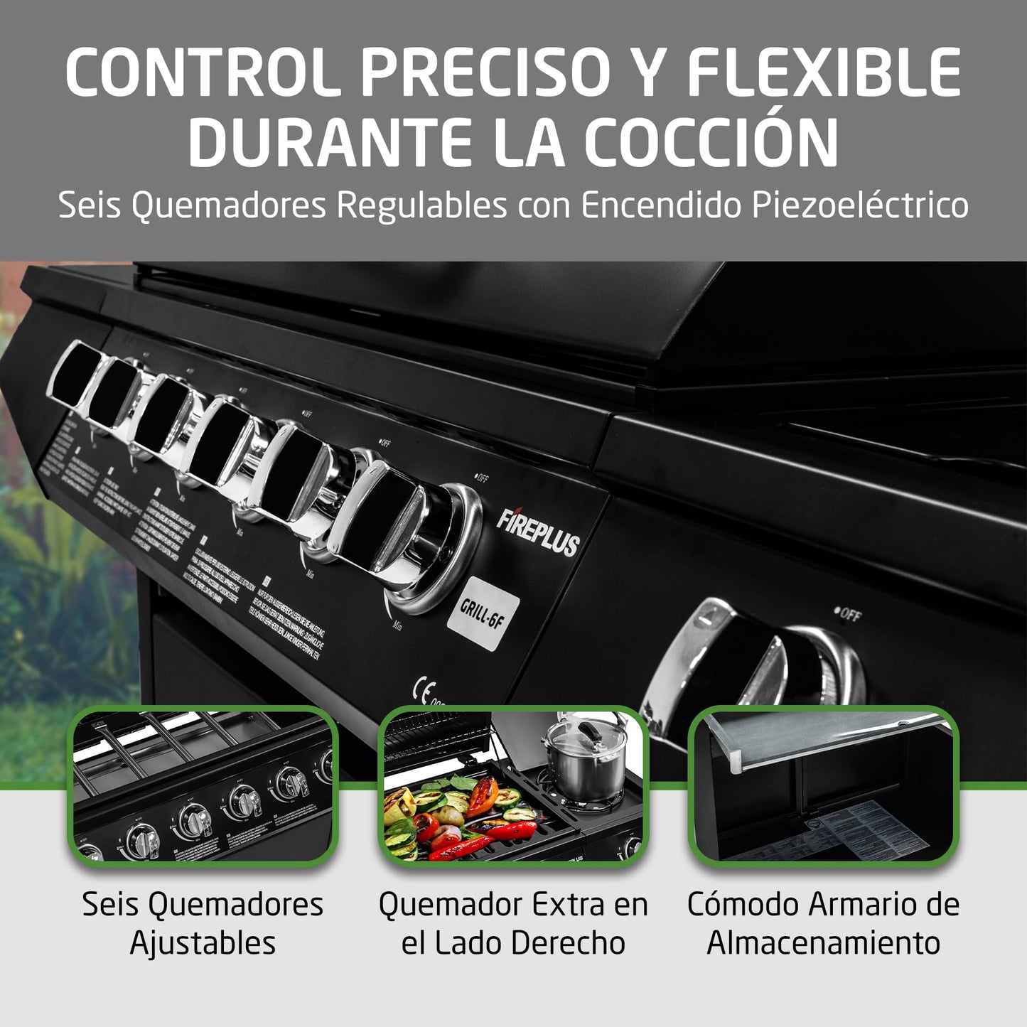 Amig Barbacoa Gas Fireplus 6+1 12.9kW - Acero Inox Negro, 7 Quemadores, Ruedas, Termómetro, XXL (138x52x103cm)