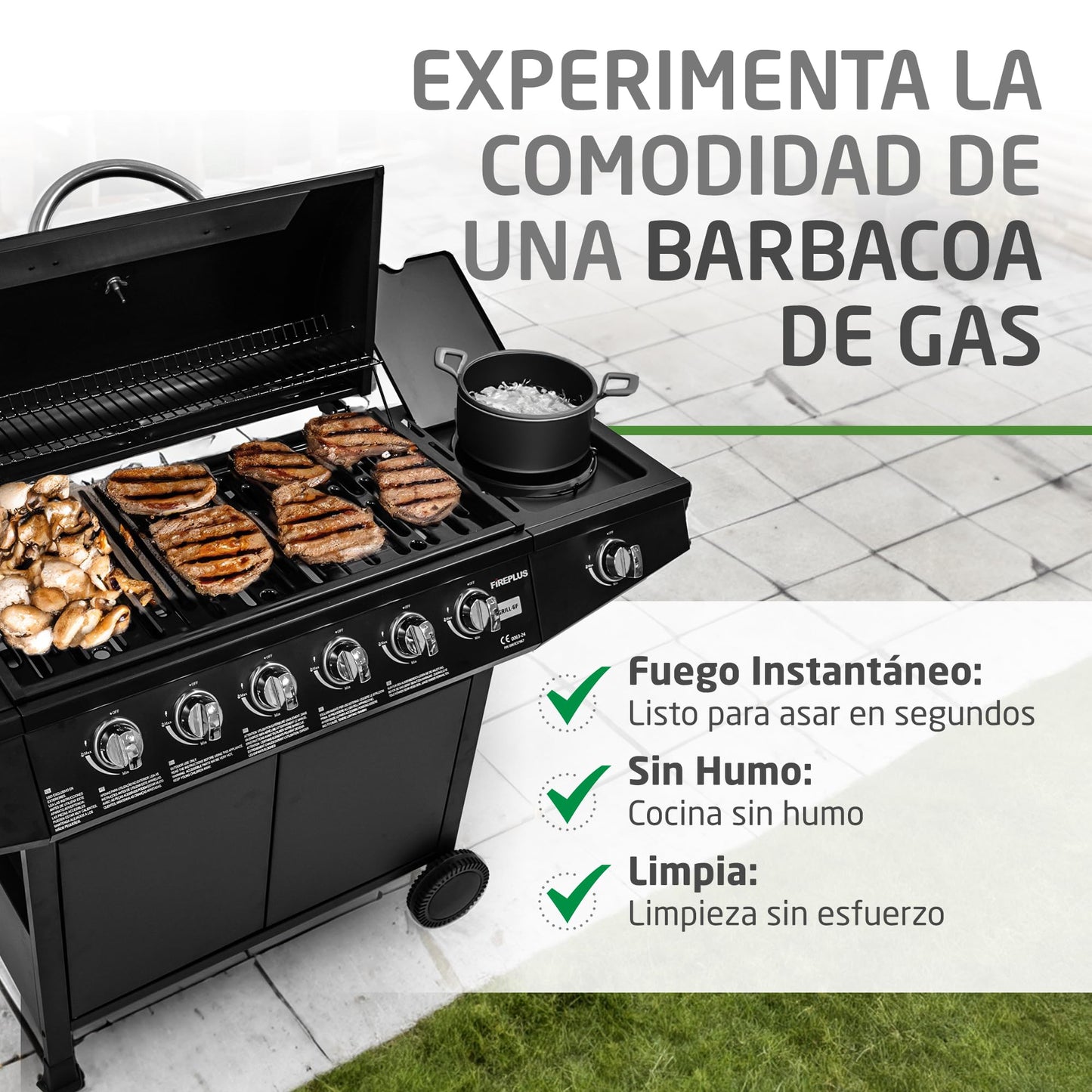 Amig Barbacoa Gas Fireplus 6+1 12.9kW - Acero Inox Negro, 7 Quemadores, Ruedas, Termómetro, XXL (138x52x103cm)