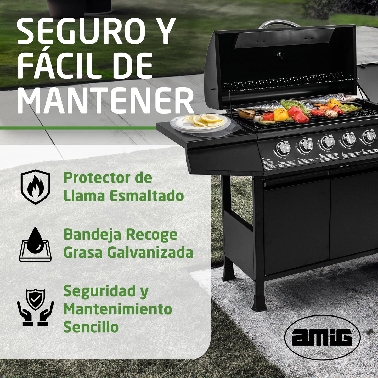 Amig Barbacoa Gas Fireplus 6+1 12.9kW - Acero Inox Negro, 7 Quemadores, Ruedas, Termómetro, XXL (138x52x103cm)