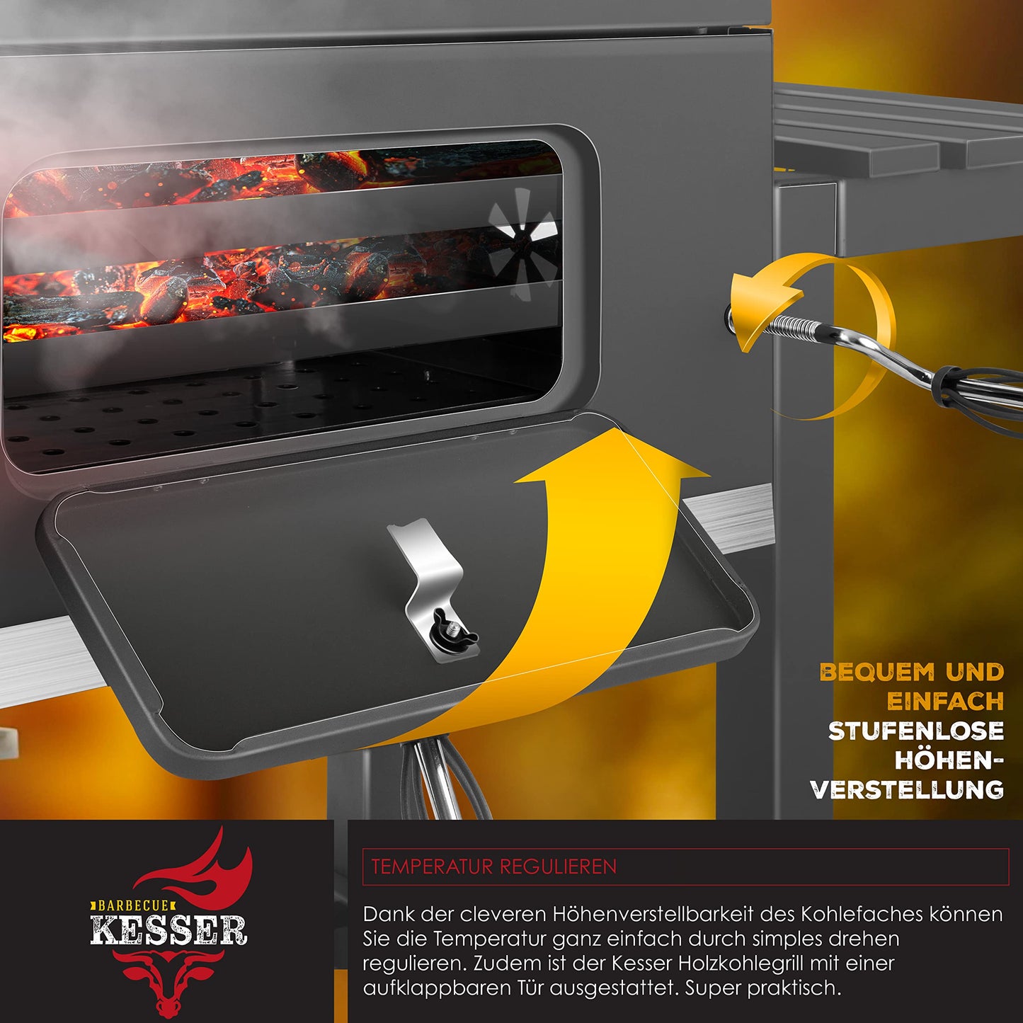 KESSER® Parrilla Carbón con Carrito, Tapa, Ruedas, Mango Acero Inox, Termómetro - BBQ Grande Jardín/Camping