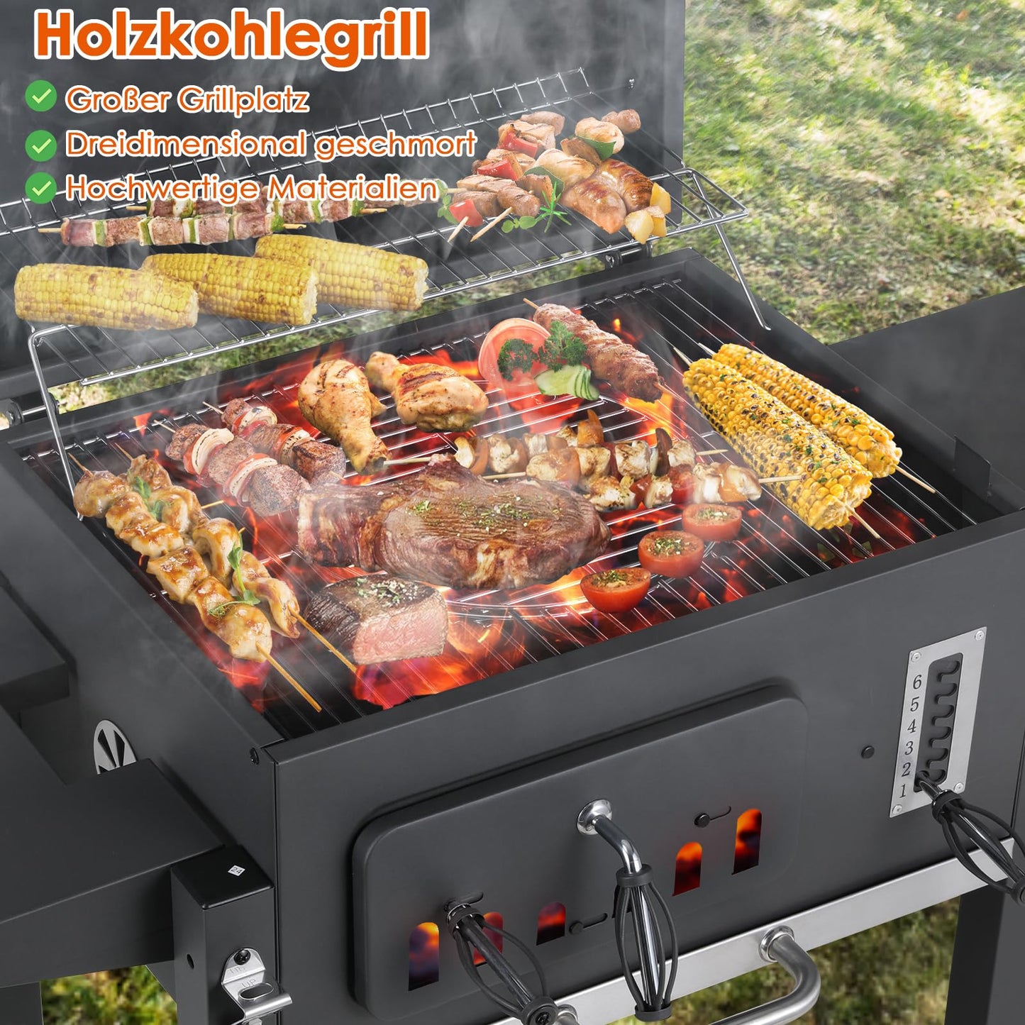 TLSUNNY Barbacoa Carbón XXL 130x137cm, Parrilla Ruedas, Tapa, Gran Capacidad - Jardín/Exterior Negro