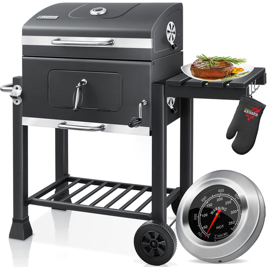KESSER® Parrilla Carbón con Carrito, Tapa, Ruedas, Mango Acero Inox, Termómetro - BBQ Grande Jardín/Camping