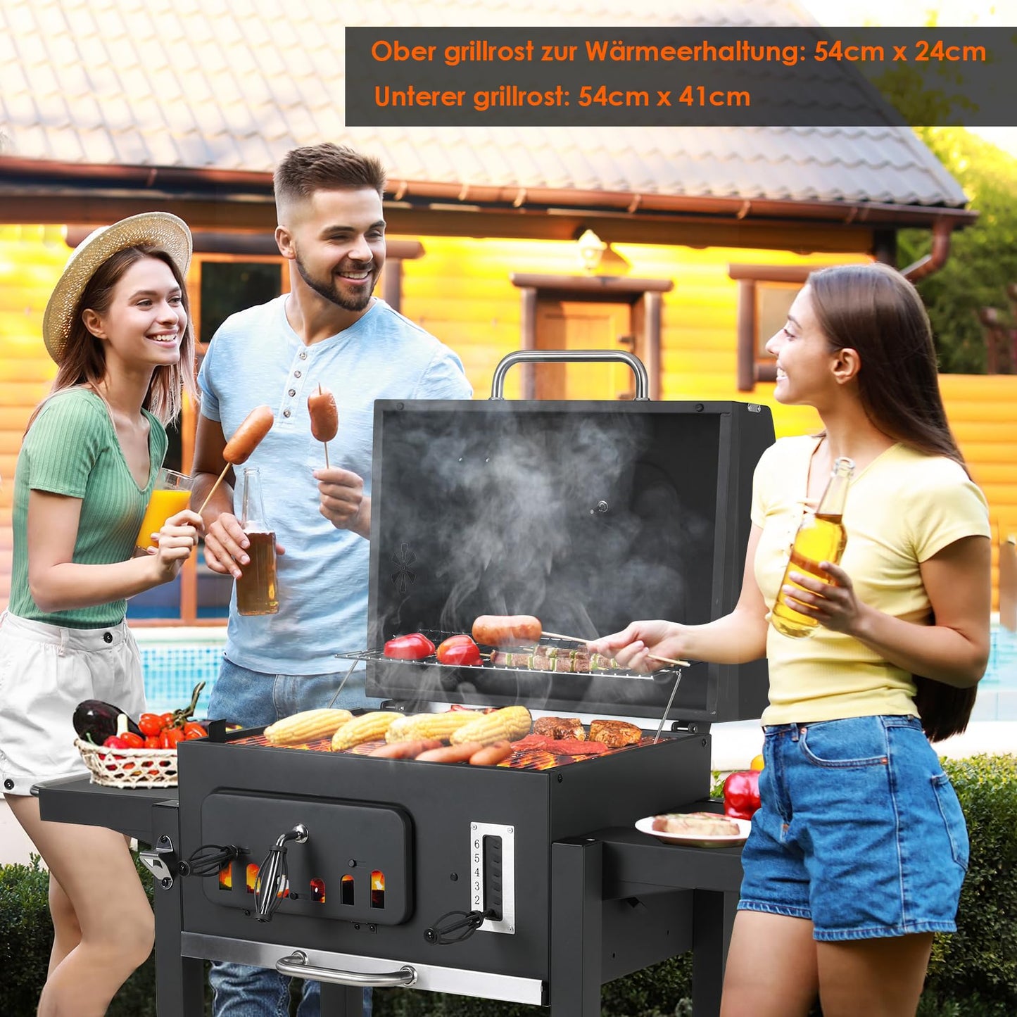 TLSUNNY Barbacoa Carbón XXL 130x137cm, Parrilla Ruedas, Tapa, Gran Capacidad - Jardín/Exterior Negro