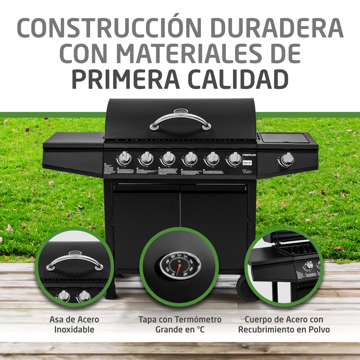 Amig Barbacoa Gas Fireplus 6+1 12.9kW - Acero Inox Negro, 7 Quemadores, Ruedas, Termómetro, XXL (138x52x103cm)