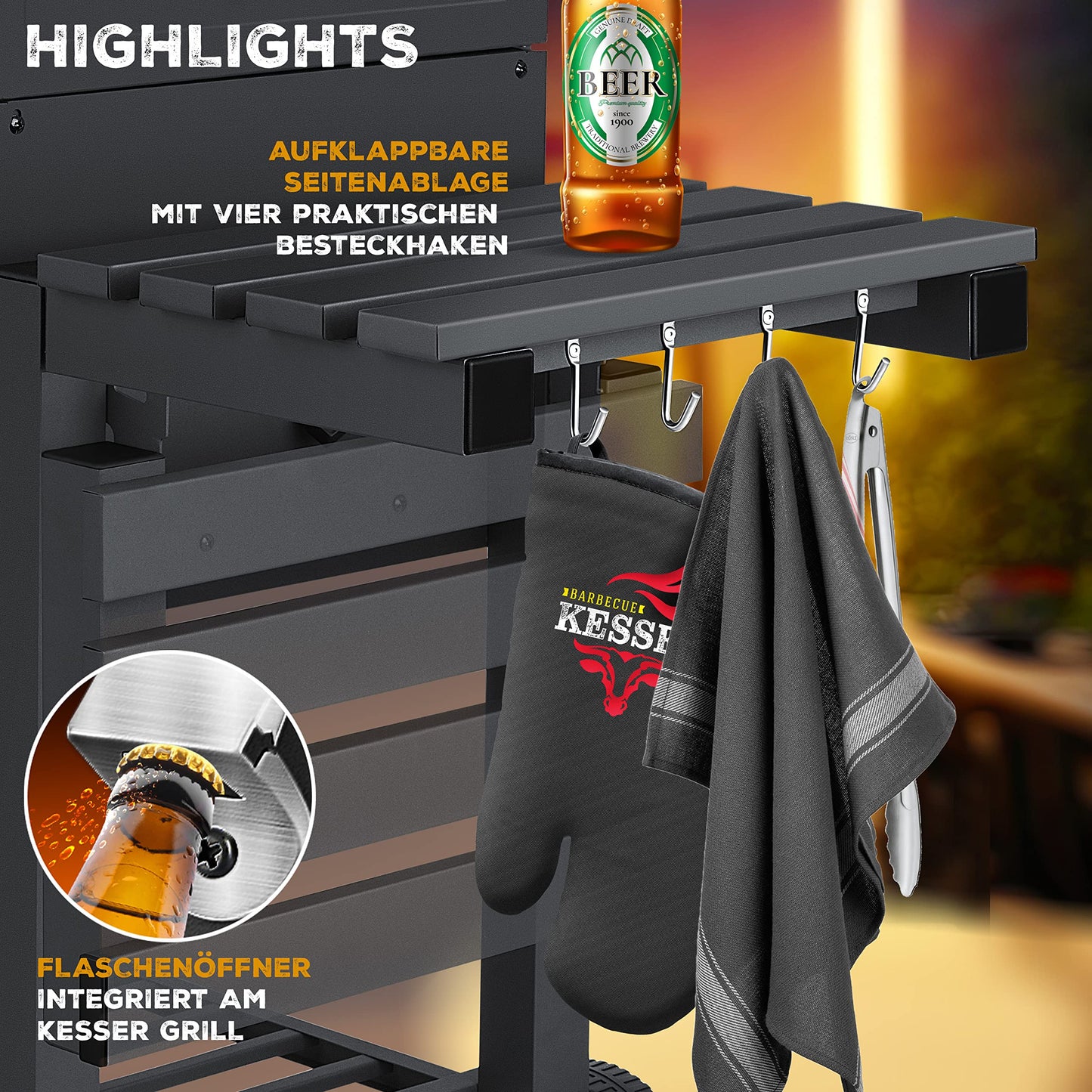 KESSER® Parrilla Carbón con Carrito, Tapa, Ruedas, Mango Acero Inox, Termómetro - BBQ Grande Jardín/Camping