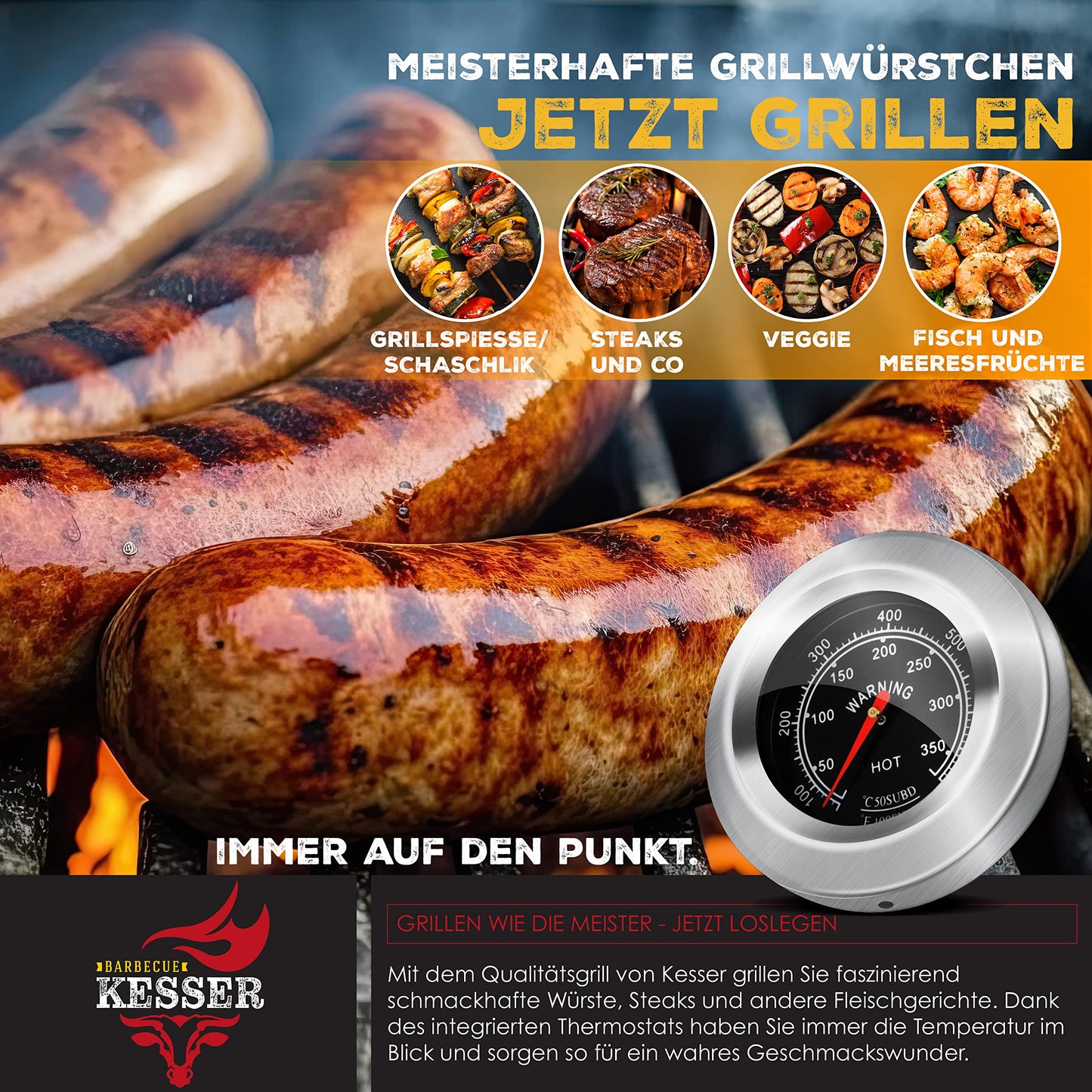 KESSER® Parrilla Carbón con Carrito, Tapa, Ruedas, Mango Acero Inox, Termómetro - BBQ Grande Jardín/Camping