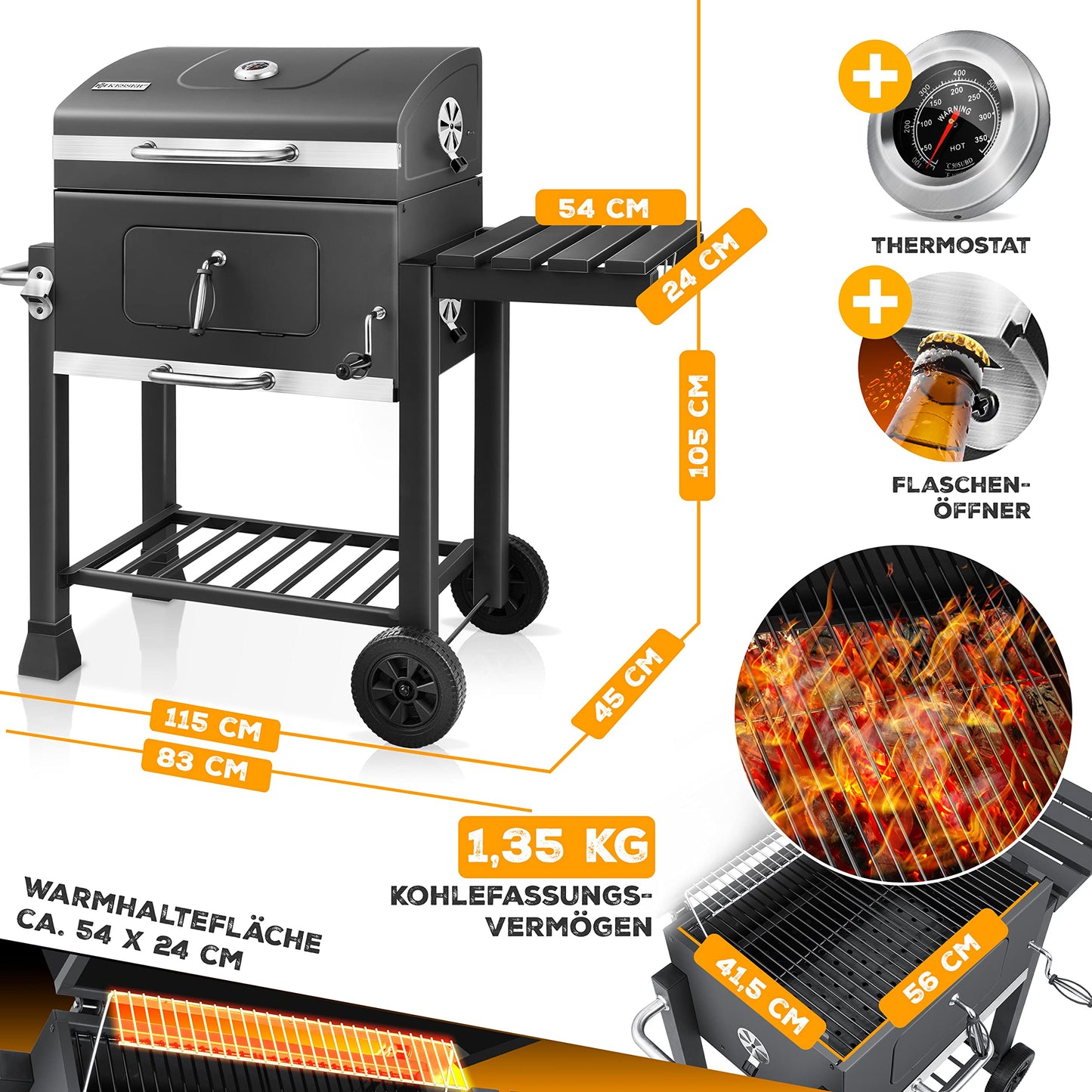 KESSER® Parrilla Carbón con Carrito, Tapa, Ruedas, Mango Acero Inox, Termómetro - BBQ Grande Jardín/Camping